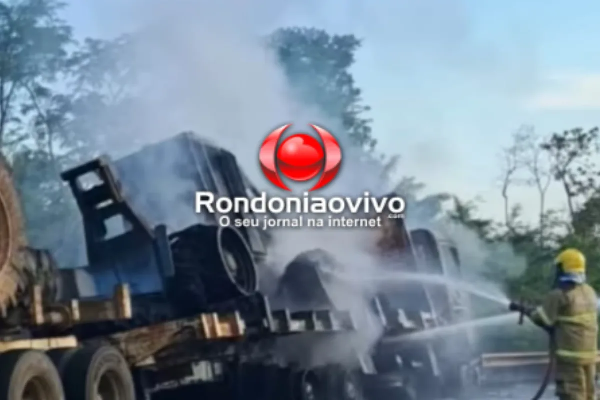 Carreta com tratores pega fogo e interdita a BR-364 em Pimenta Bueno pela manhã