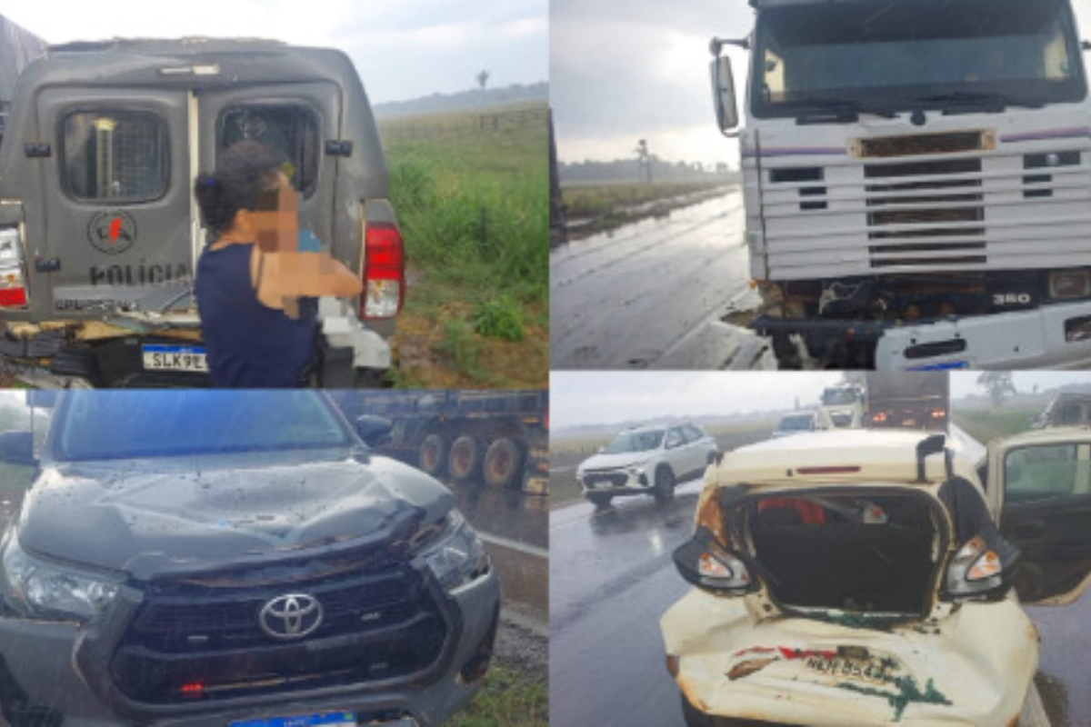 Viatura da Força Tática, carreta e carro se envolvem em acidente na BR-364, em Candeias do Jamari