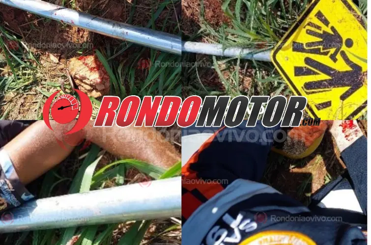 Motociclista fica inconsciente ao passar direto em curva e arrancar placa