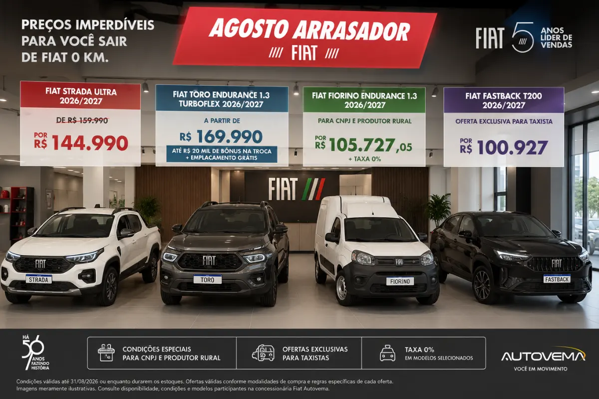Fiat Autovema reúne ofertas especiais em agosto com descontos e condições para diferentes públicos