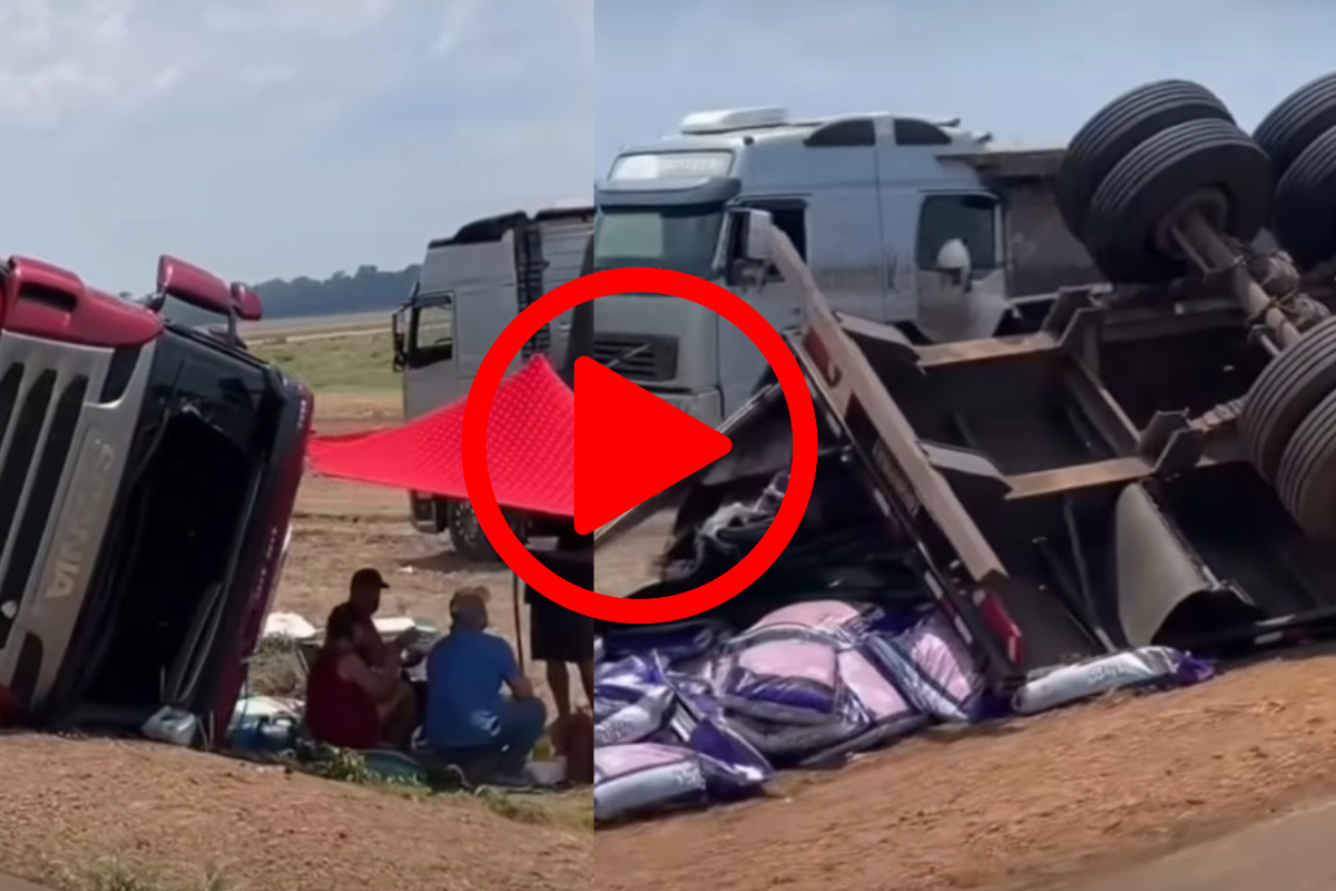 Carreta carregada de ração tomba às margens da BR-364 em Rondônia