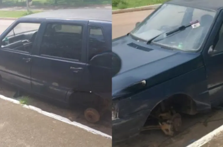 Fiat Uno é encontrado sem as quatro rodas no Espaço Alternativo, em Porto Velho