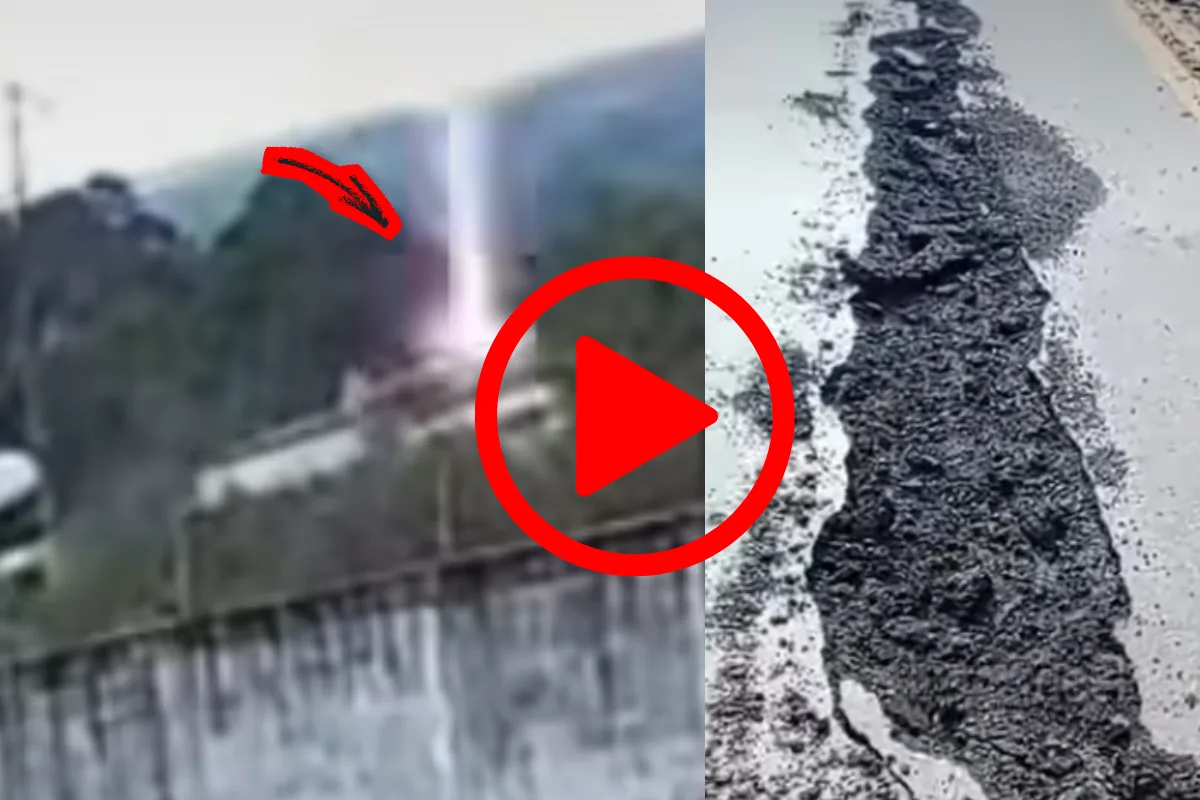 Novas imagens mostram raio atingindo caminhão e danificando asfalto da BR-364 em Vilhena