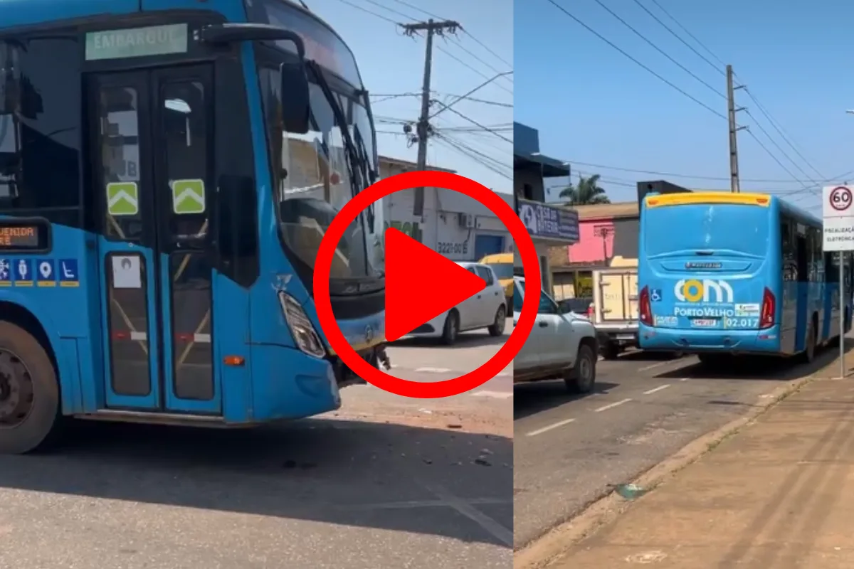 Mulher em caminhonete avança cruzamento e é atingida por ônibus em Porto Velho