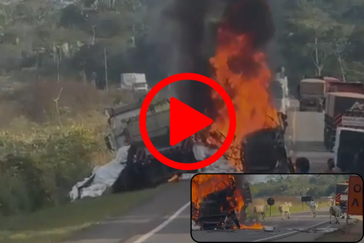 Duas carretas colidem de frente, pegam fogo e interditam a BR-364 entre Jaru e Ariquemes