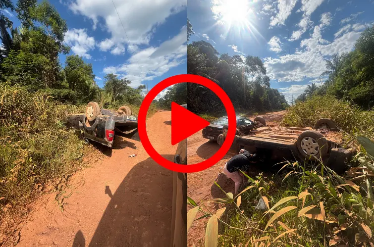 Carro capota e para no meio da vegetação em estrada rural de Guajará-Mirim